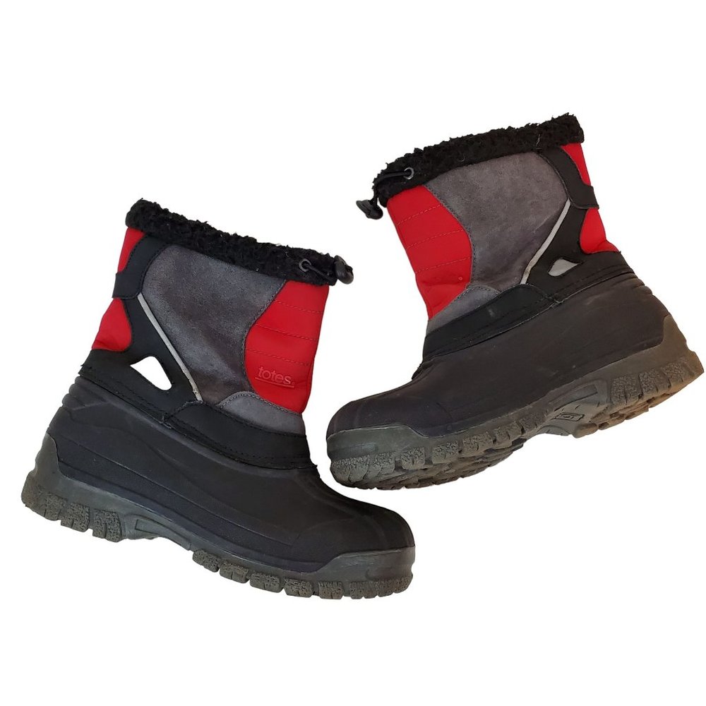 Totes Thinsulate Gray/Red Winter Boots w/ Leather Upper Kids 4M